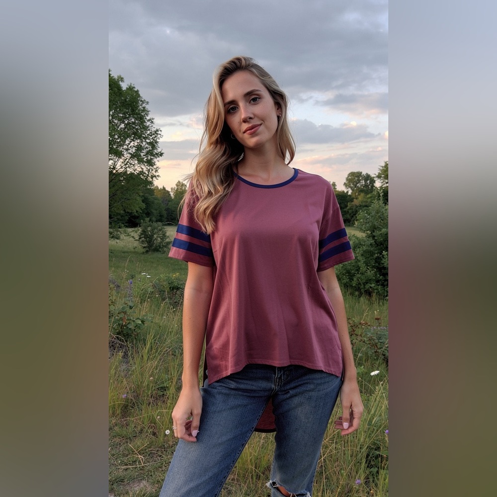 LuLaRoe Plum Top with Navy Striped Sleeves